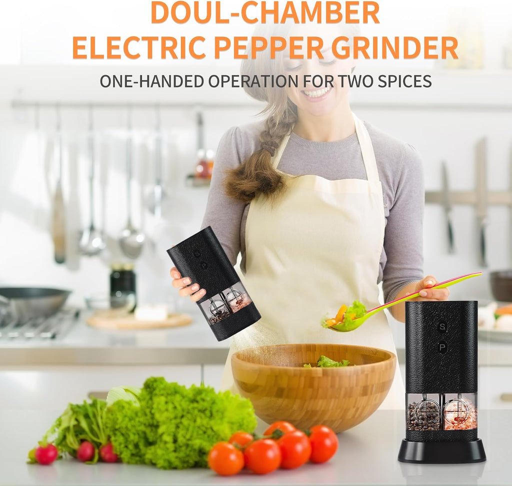 Dual Chamber Electric Pepper and Salt Grinder,Rechargeable Salt and Pepper Grinder Set Usb-C,One-Handed Automatic Spice Mill Grinds Two Spice,Large Refillable,Ceramic Adjustable Coarseness for Kitchen