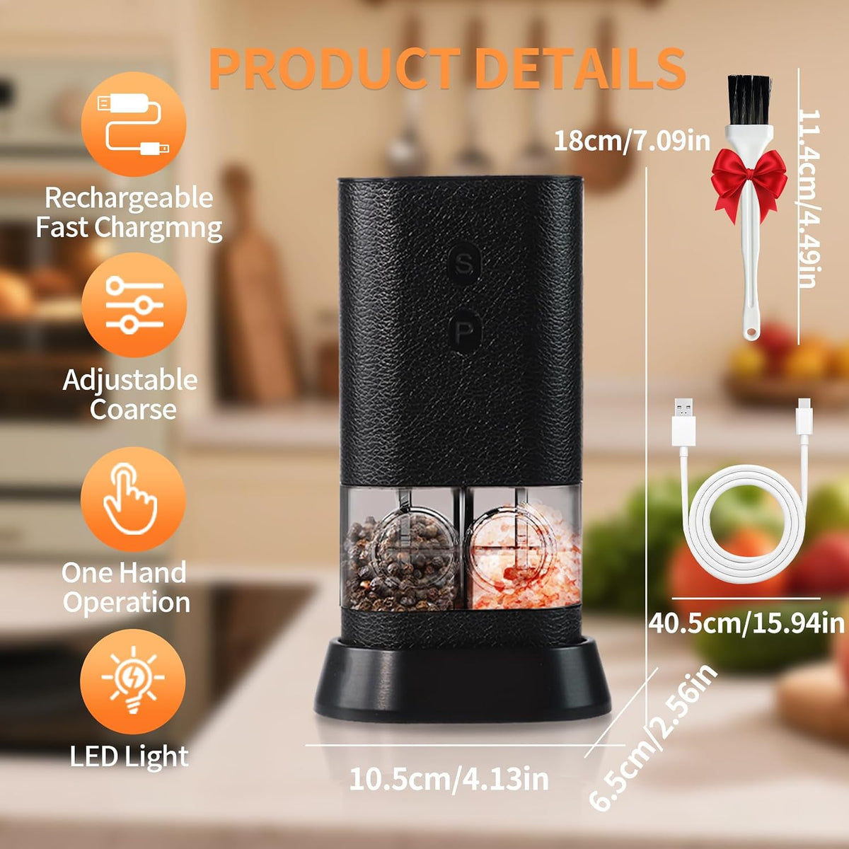 Dual Chamber Electric Pepper and Salt Grinder,Rechargeable Salt and Pepper Grinder Set Usb-C,One-Handed Automatic Spice Mill Grinds Two Spice,Large Refillable,Ceramic Adjustable Coarseness for Kitchen