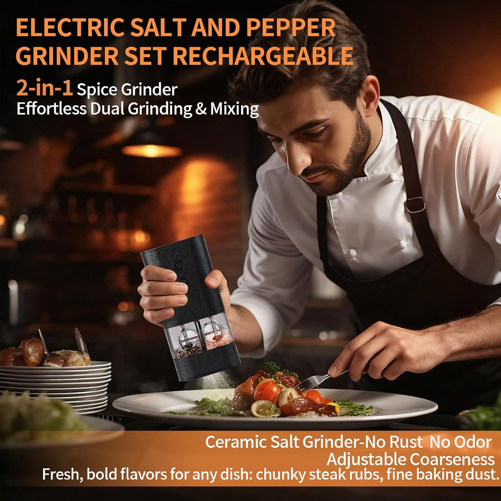 Dual Chamber Electric Pepper and Salt Grinder,Rechargeable Salt and Pepper Grinder Set Usb-C,One-Handed Automatic Spice Mill Grinds Two Spice,Large Refillable,Ceramic Adjustable Coarseness for Kitchen