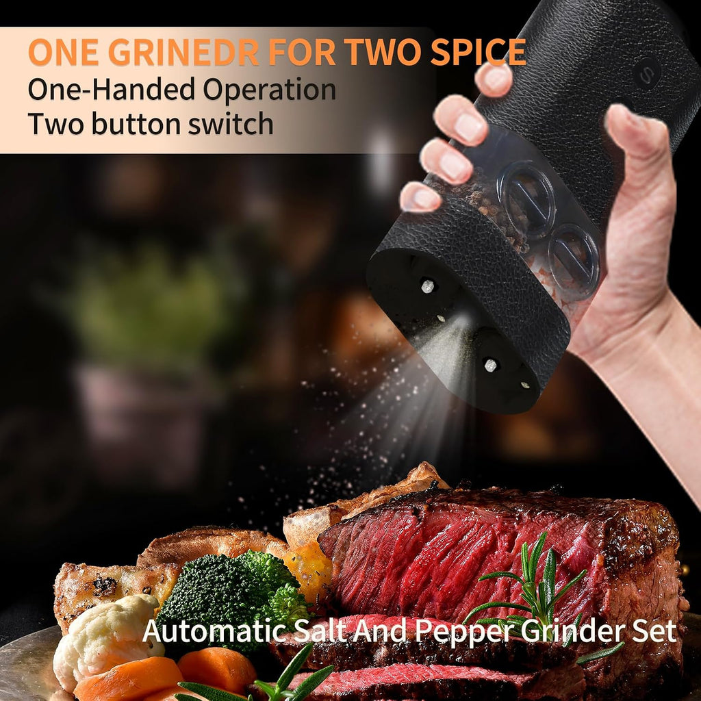Dual Chamber Electric Pepper and Salt Grinder,Rechargeable Salt and Pepper Grinder Set Usb-C,One-Handed Automatic Spice Mill Grinds Two Spice,Large Refillable,Ceramic Adjustable Coarseness for Kitchen