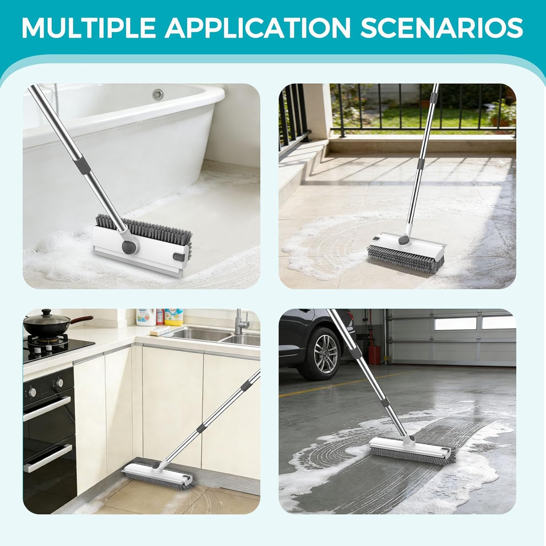 Floor Scrub Brush with 54In Adjustable Long Handle, Grey&White